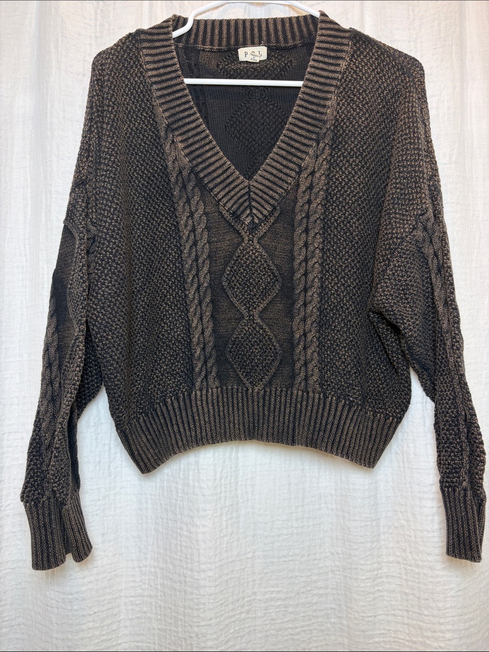 POL Charcoal Wash Mixed Cable Knit Cropped V-Neck Sweater - Small